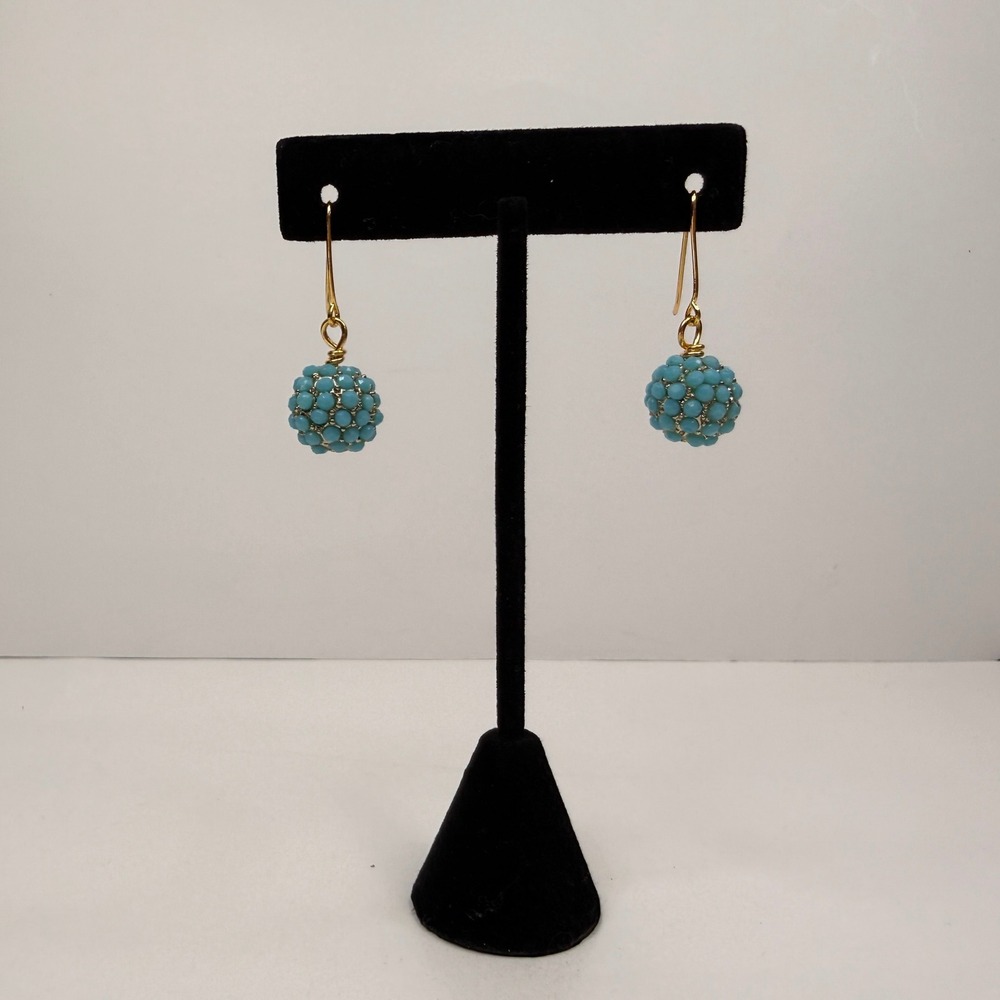 Turquoise Faceted Cluster Beaded Ball Drop Earrings Gold Tone Dangle Jewelry